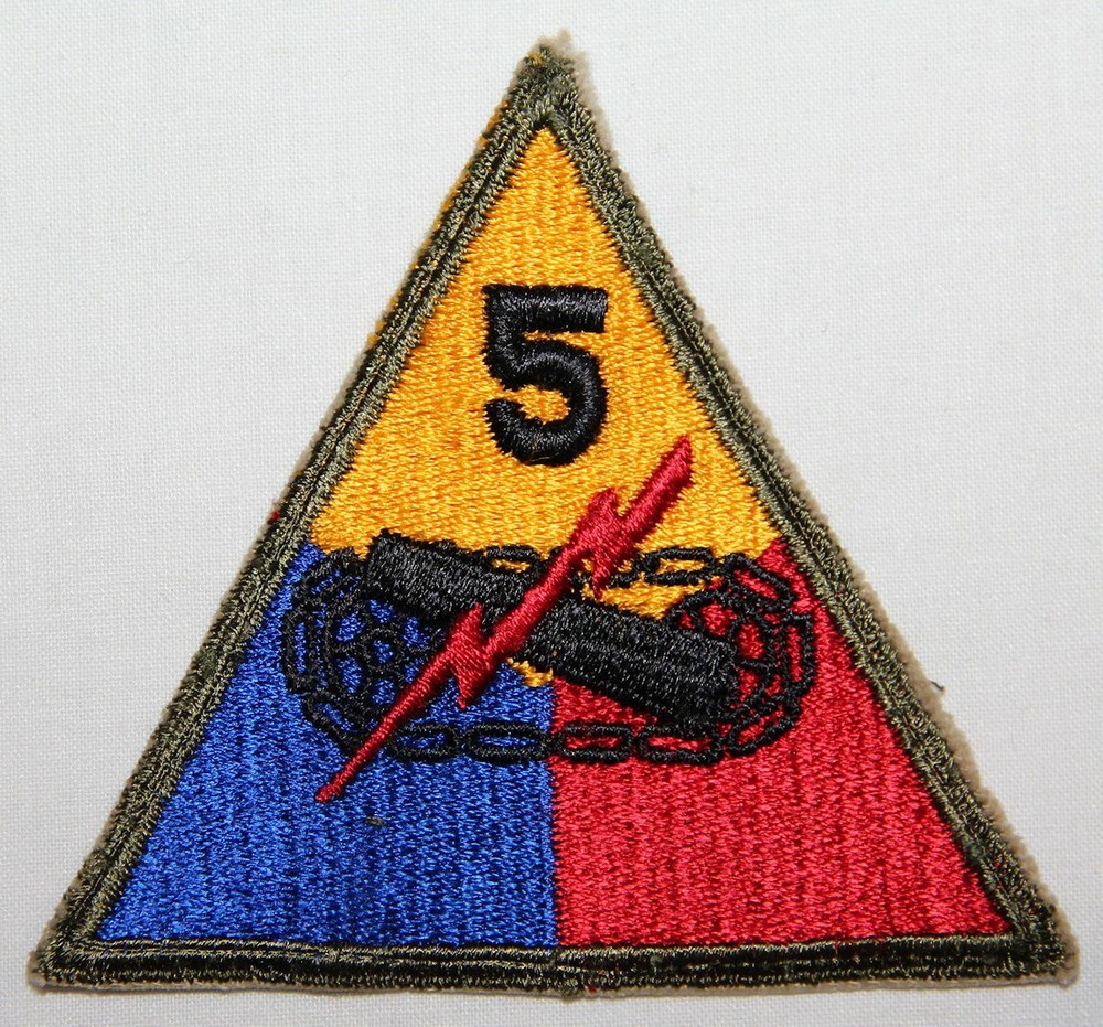 ORIGINAL WWII 5TH ARMORED DIVISION PATCH, NICE WHITE BACK