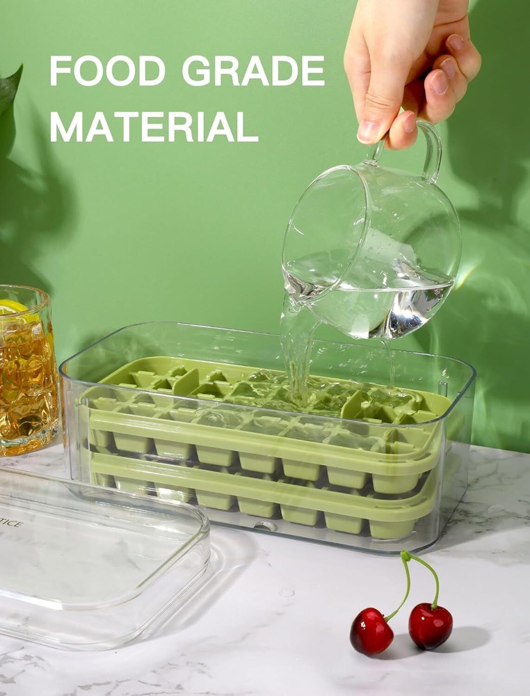 2 Pack Ice Cube Trays with Lid & Bin 64 Ice Cubes for Freezer Storage