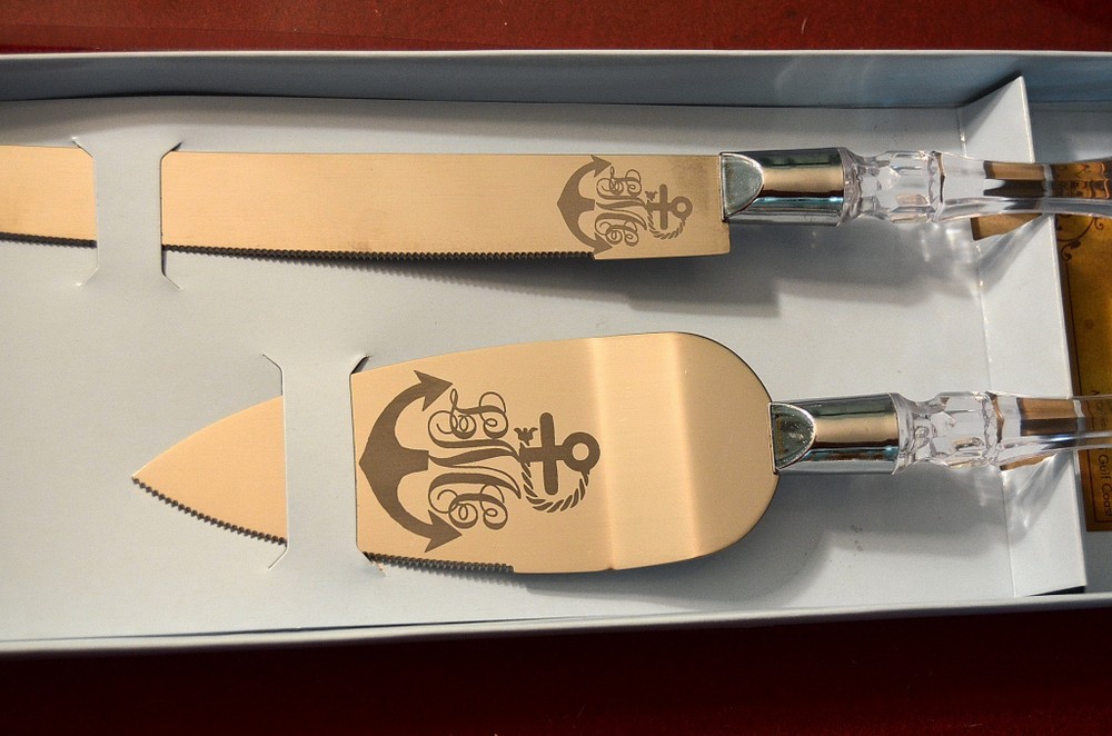 Anchor Monogram couple cake Knife and Server, Free Monogram and Date