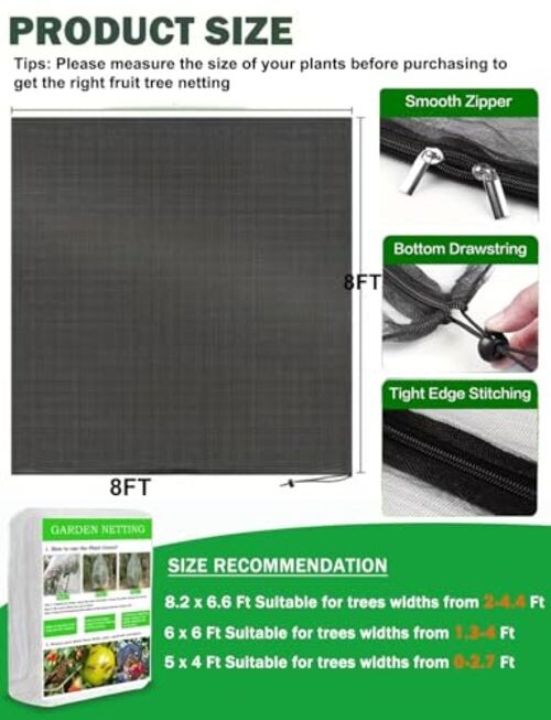 Fruit Tree Netting with Drawstring Zipper, 2 Pack Garden 2 Pack-8 x 8FT(Black)