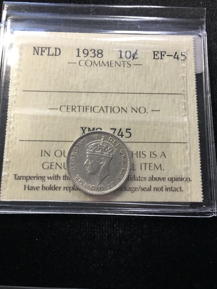 1938  ICCS Graded Newfoundland ¢10 Cent **EF-45**