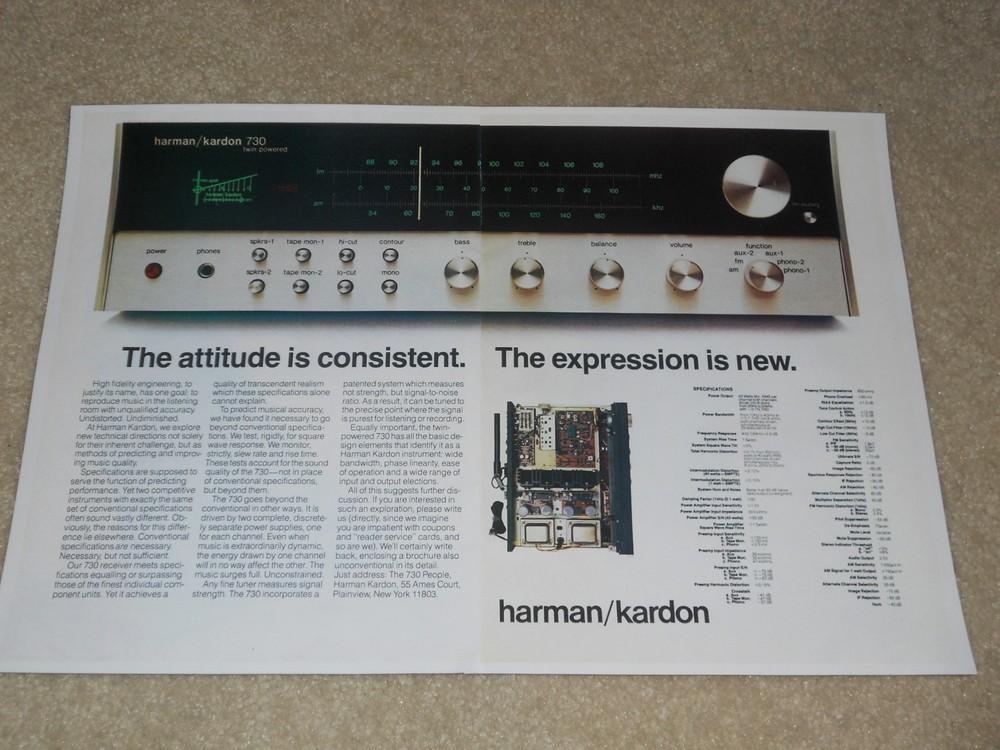 Harman Kardon 730 Twin Powered Receiver Ad, 1976, 2 pgs, Specs, Article, Inside