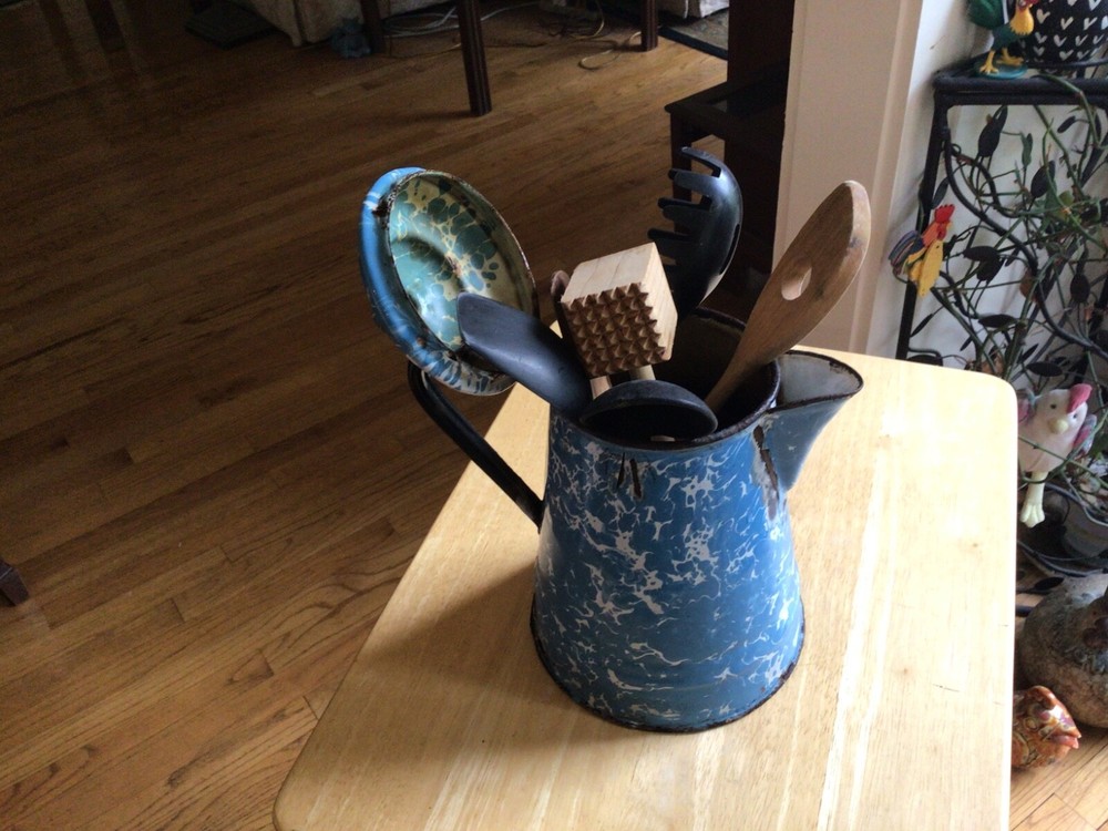 Blue Speckle enamelware kettle Pot for Display Artificial Flower Arrangements