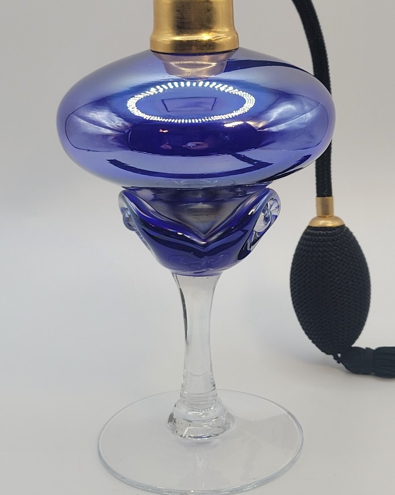 Handblown Iridescent Blue Glass Footed Perfume Atomizer • Refillable • 7"H