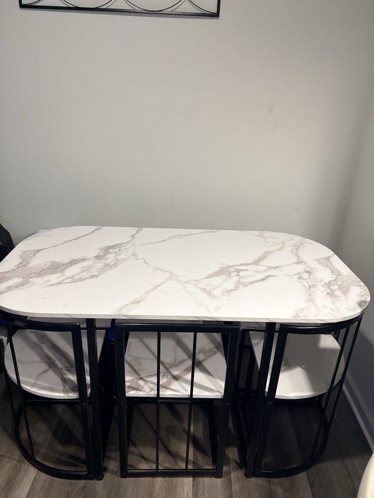 7Piece Marble Pattern Dining Set Space Saving Modern Rectangular Table 6 Chairs
