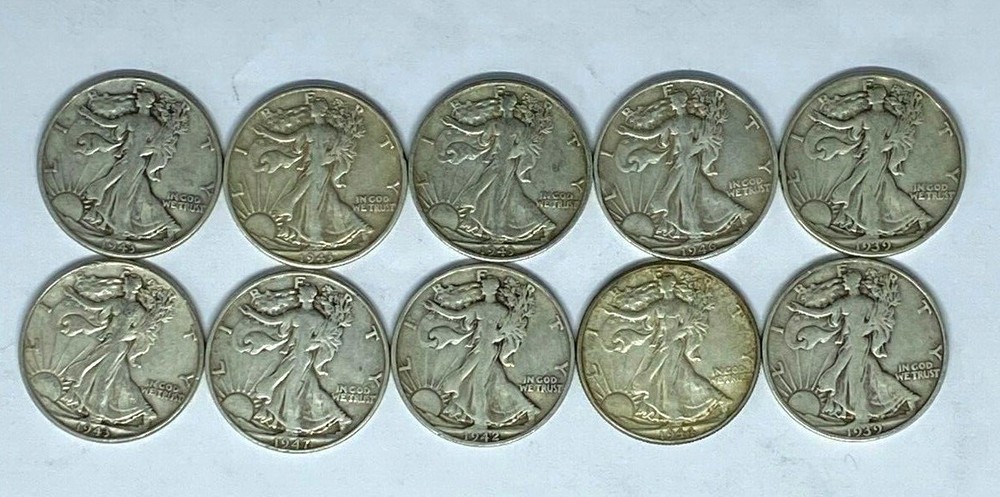 Walking Liberty Half Dollars  -  10 coins