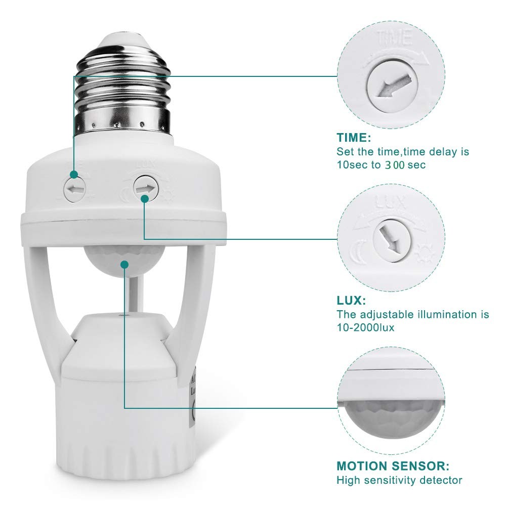 Motion Sensor Light Socket E26/E27, 60W, 110V-240V - Automatic On/Off Control