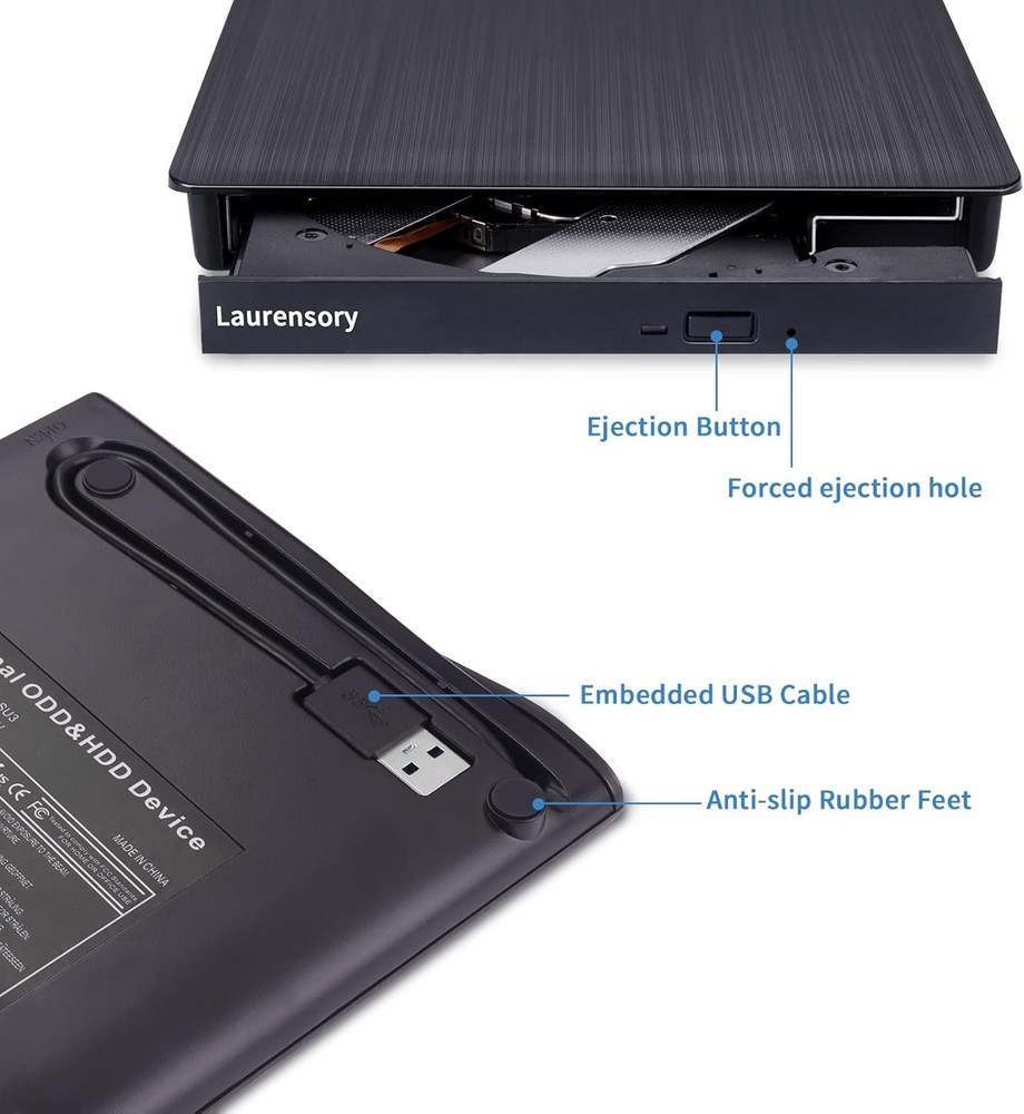 External DVD Drive USB 3.0 Type-C Portable Player for Laptop CD Black