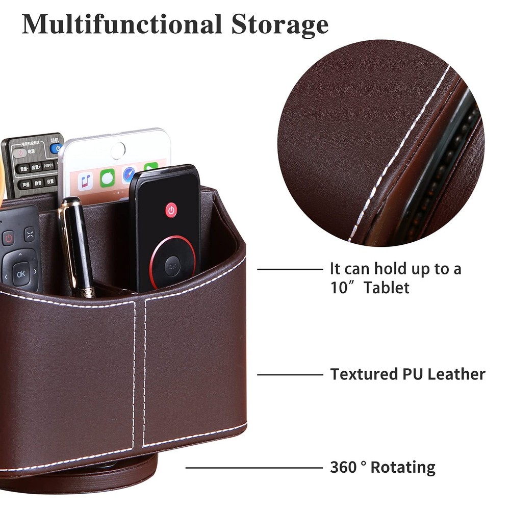 Leather Remote Control Holder, 360 Degree Spinning Desk TV Remote Caddy/Box, ...
