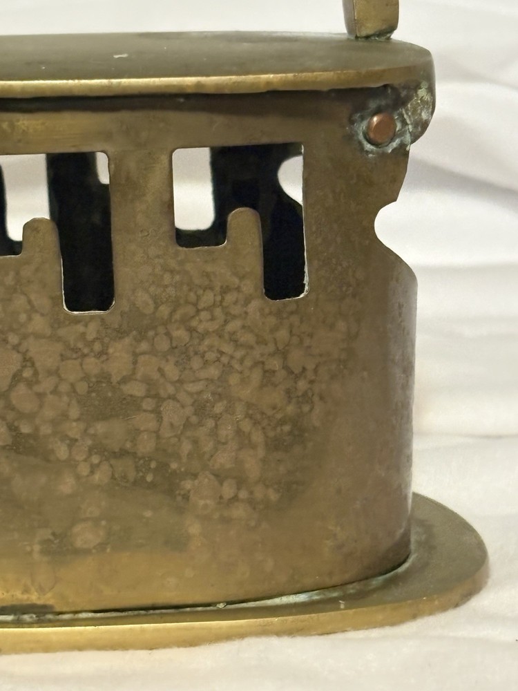 Antique Solid Brass Coal Iron Pottery Handle Dutch Delft White And Blue Handle