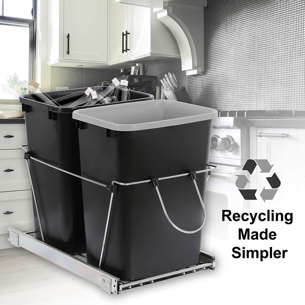 Double 35 Quart Pull Out Trash Can Waste Bin Container Under Kitchen Cabinet