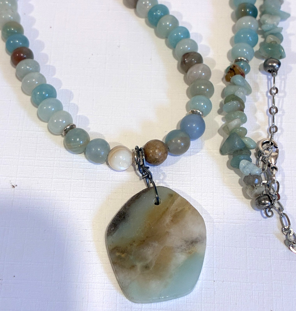 Delicate Boho Light Blue Amazonite Beaded Pendant Necklace: 17"-20"