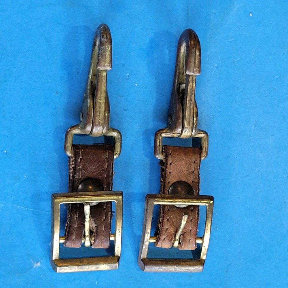Two Vintage Brass Spring Lock Hook Snaps With Leather Strap & Brass Buckles