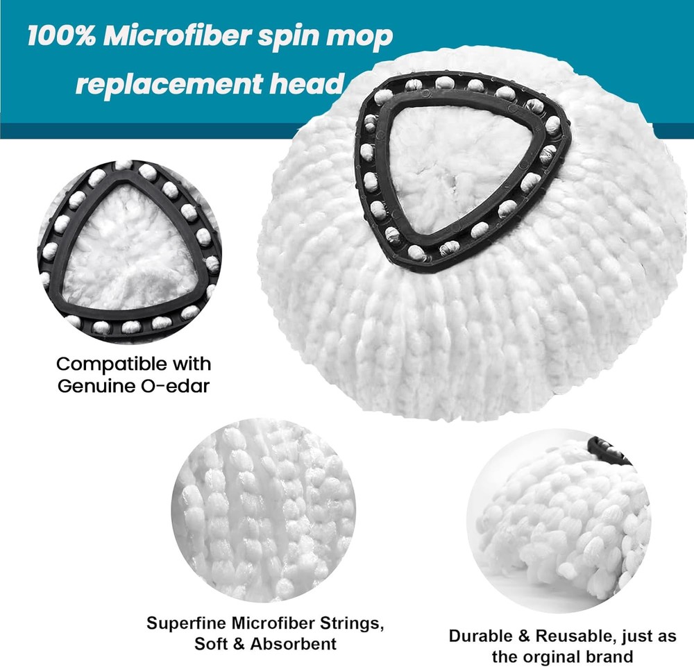 Deep Cleaning Mop Heads 4 Pack, Spin Swivel Compatible, White