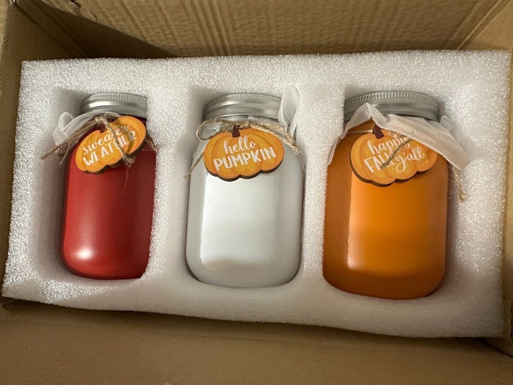 Fall Mason Jars Orange-White-Red Decorations 3 Count-NEW