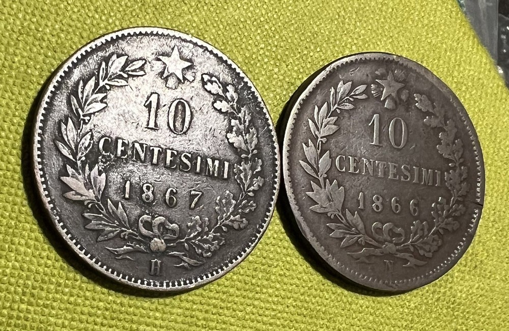 1866, 1867 Italy 10 Cent Coins