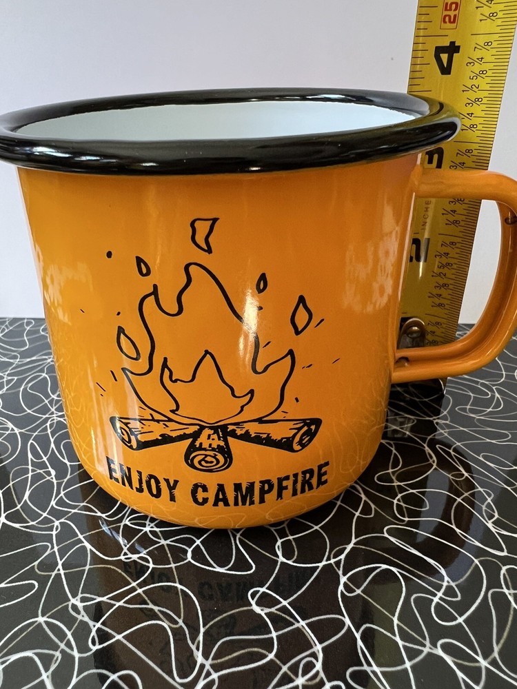 ORANGE Enamelware "Enjoy Camping" Metal Mug / Cup