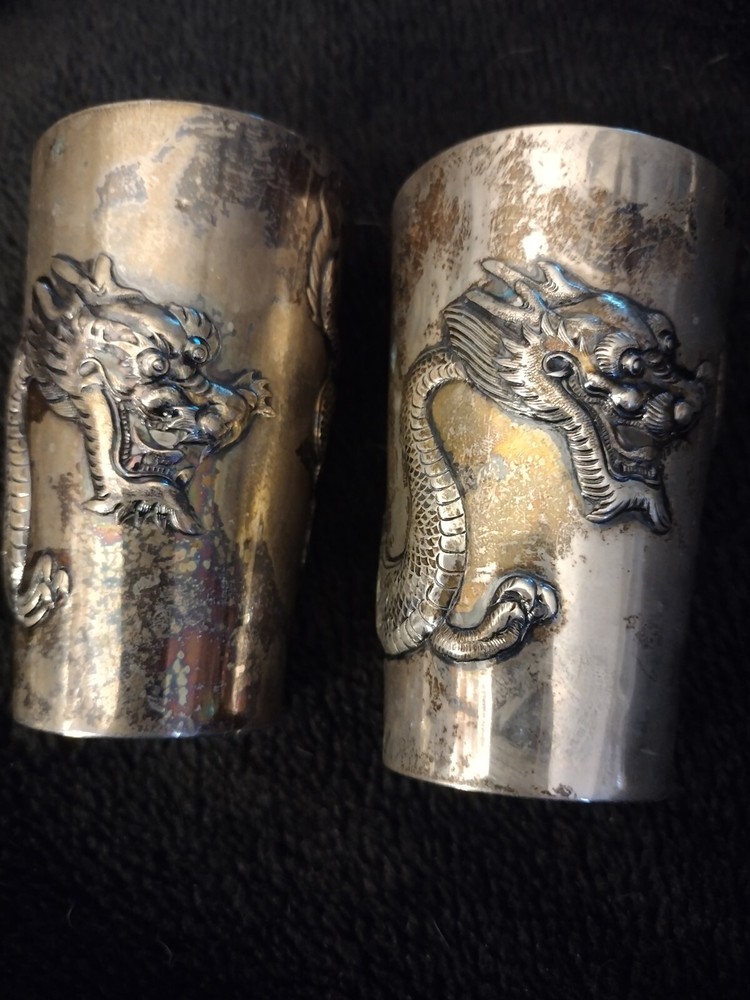 2 Chinese Export Silver Dragon Beakers KMS c1890