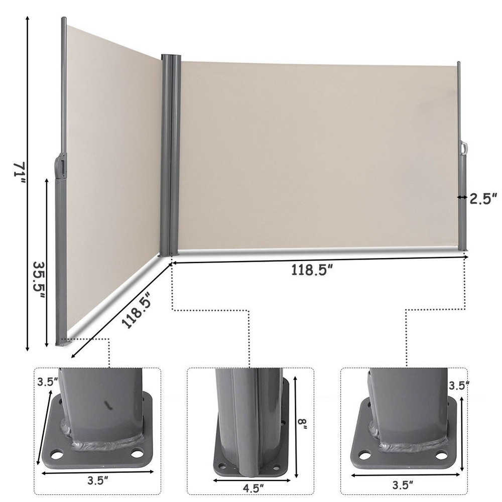 237" x 71" H Patio Retractable Double Folding Side Awning Screen Divider Beige
