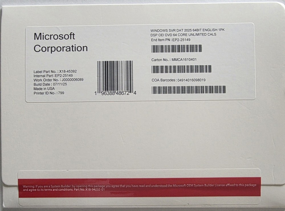 Microsoft Windows Server 2025 Datacenter 64 Core-Unlimited CALS with Key (NEW)