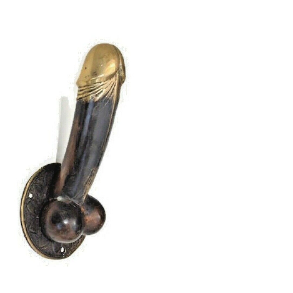 large version PENIS erect DOOR PULL HOOK heavy aged brass 9 " handle hand made