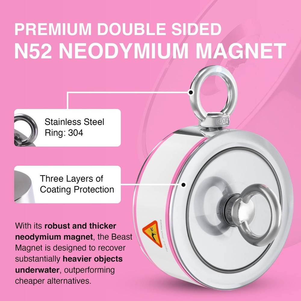 2000LB Powerful Double-Sided Neodymium Fishing Magnet – 3.70” Pulling Force S...