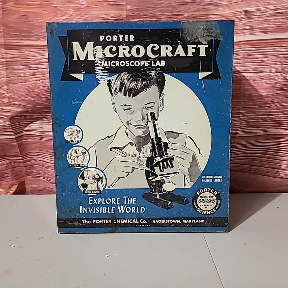 Vintage Porter Microcraft Microscope Lab Set Blue Steel Box 1950’s??