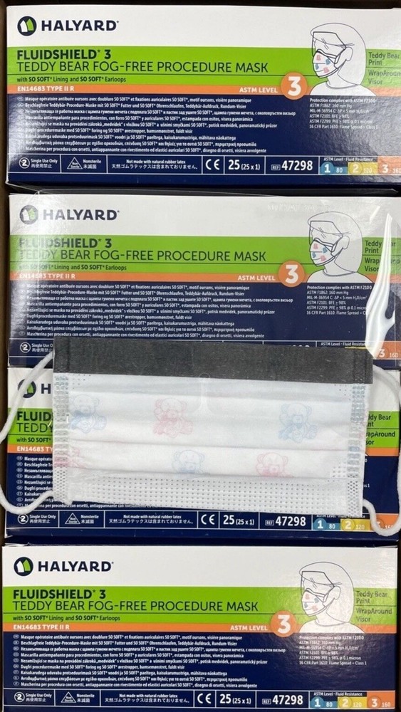 HALYARD Fluidshield 3 TEDDY BEAR Earloop Procedure Masks w/shield Case/100 47298