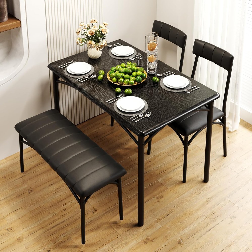 Dining Set for 4 w Upholstered Bench, Space-Saving Table&2 Chairs for Apartments
