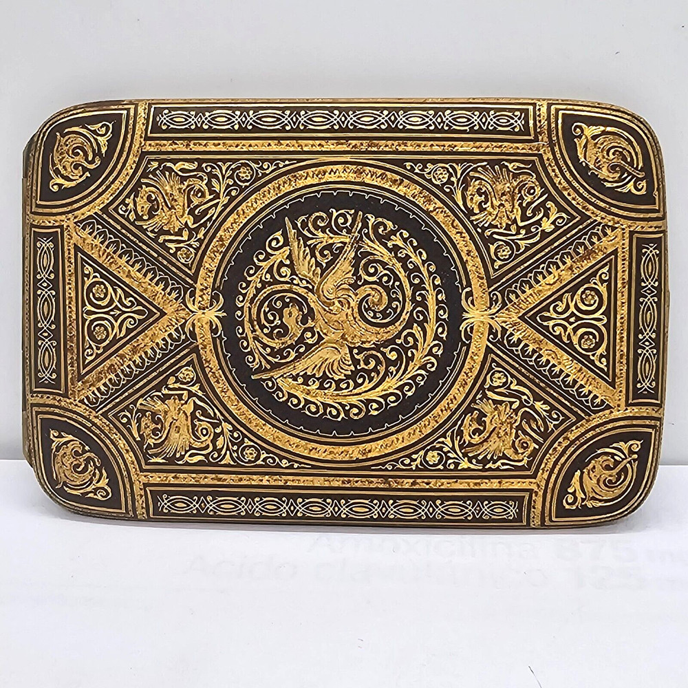 antique spain toledo cigar vesta case damascene dragon rectangular