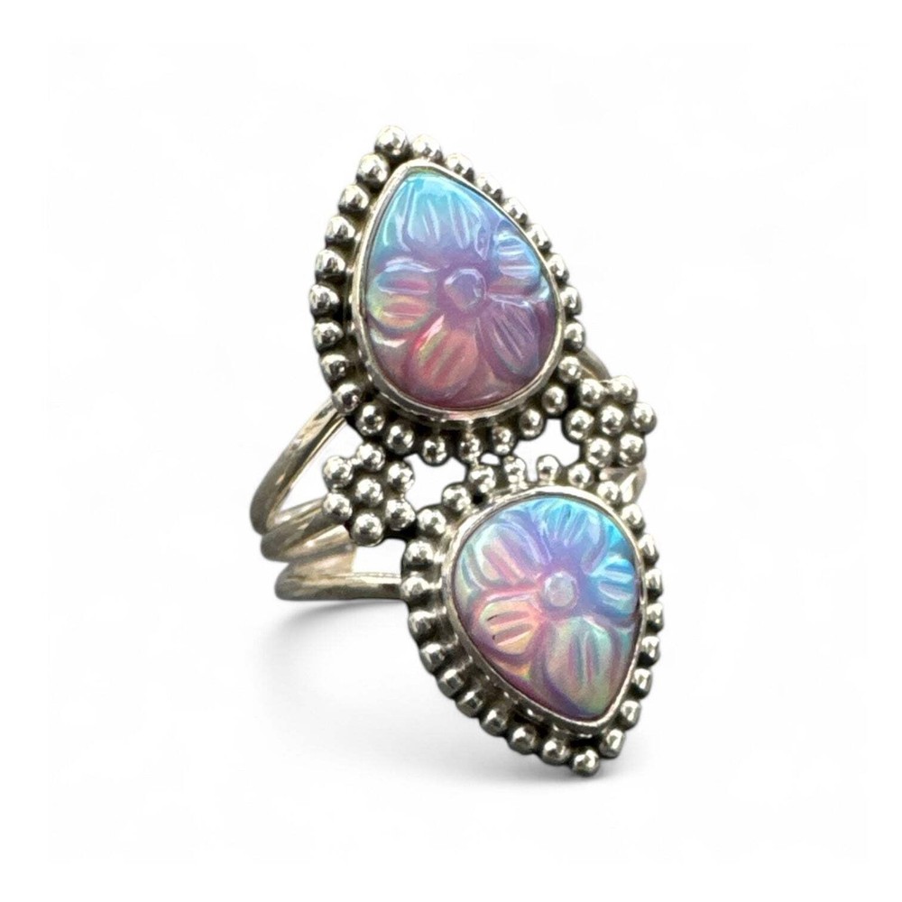 Aurora Opal Carved Solid 925 Sterling Silver Ring 5
