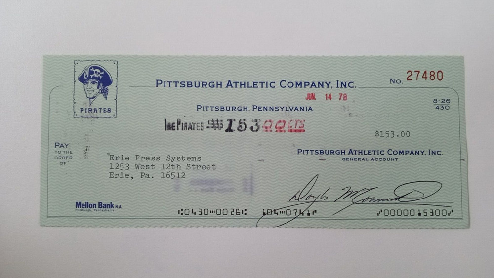 Erie Press Systems: 1978 Pittsburgh Pirates Expense Check