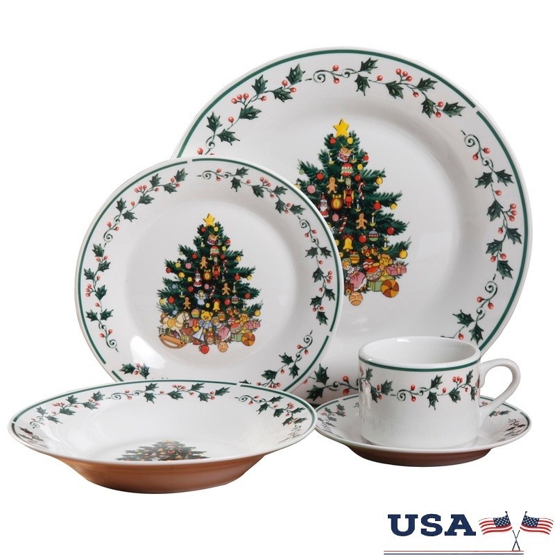 20-Piece Christmas Tree Dinnerware Set Ceramic Holiday Tableware Oven Safe 4 New