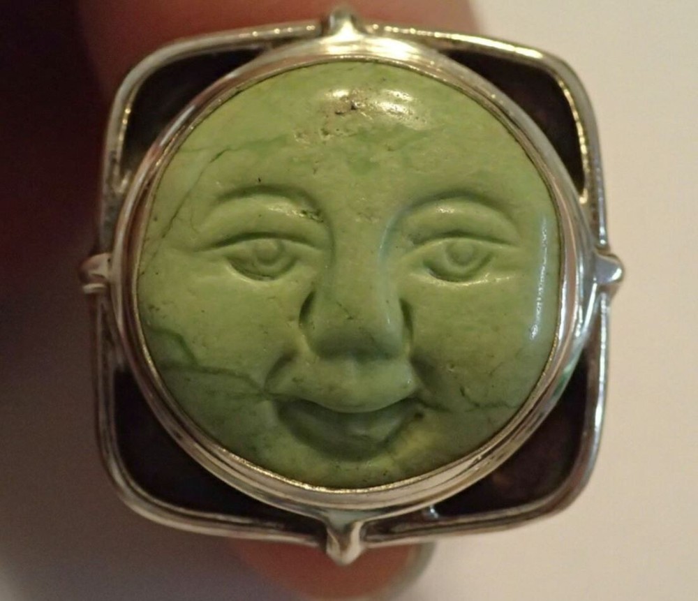 Sterling Silver Ring with Lime Jasper carved Face. adj