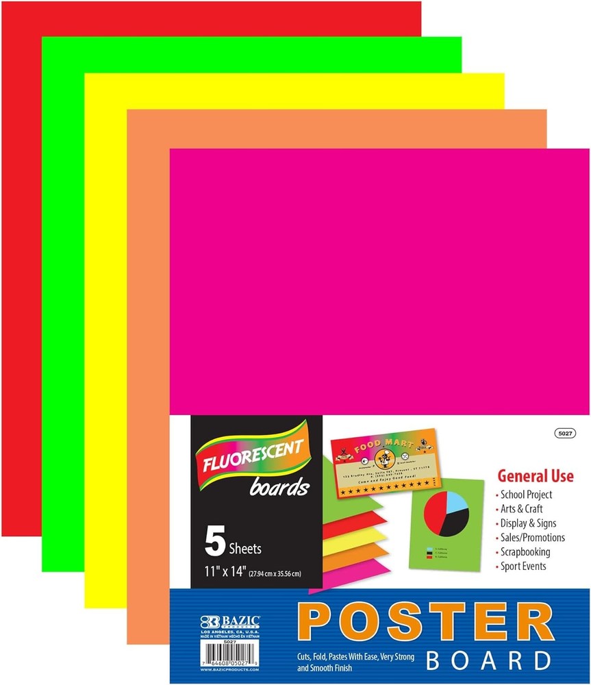 BAZIC Poster Board 11" X 14" Assorted Neon 1-Pack, Colors (5-count)