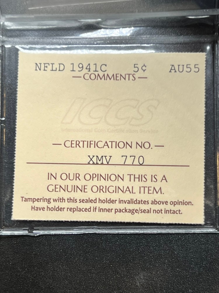 1941 Newfoundland 5 Cent ICCS Graded AU-55
