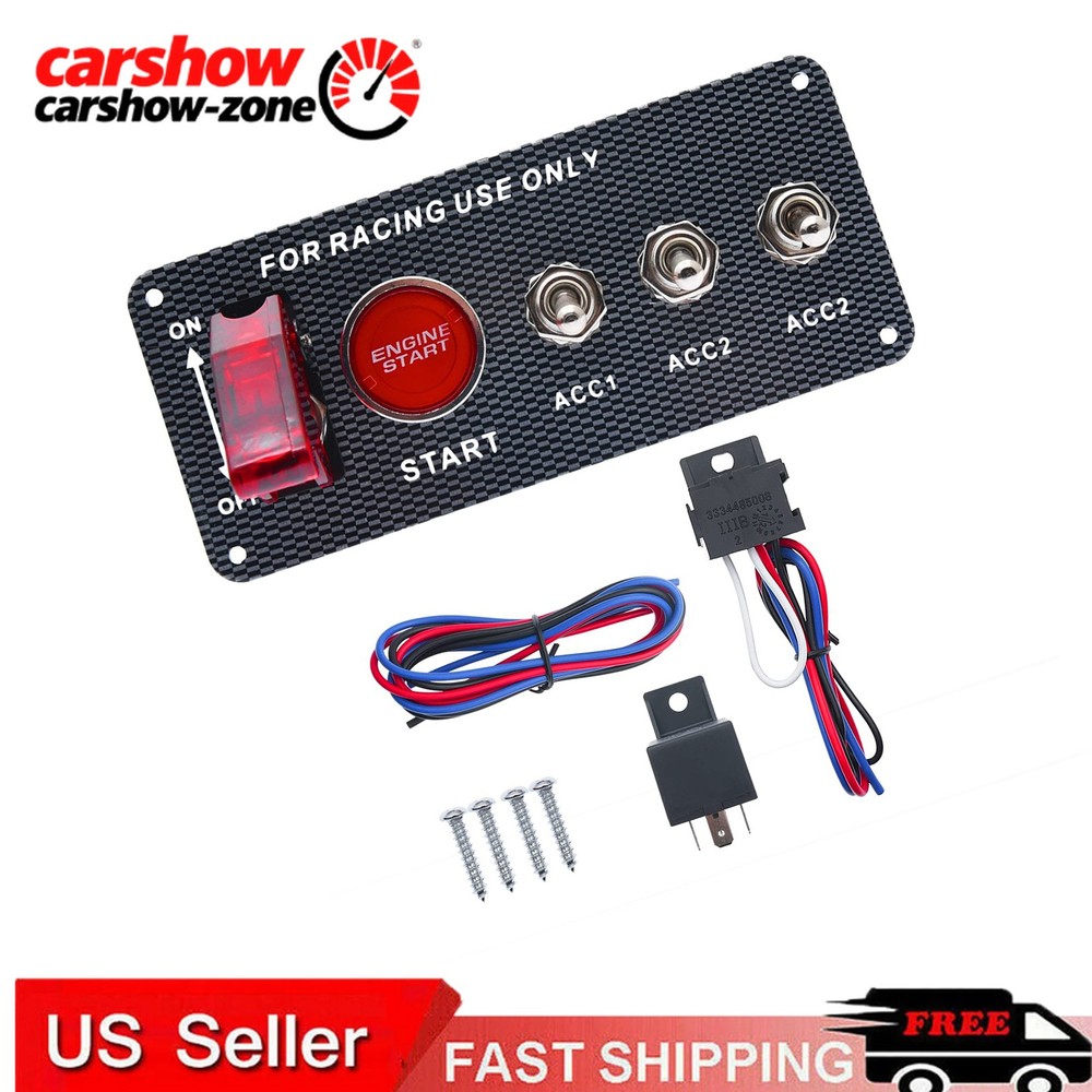 5in1 Ignition Switch Panel Engine Start Push Button Toggle 12V LED Carbon Fiber
