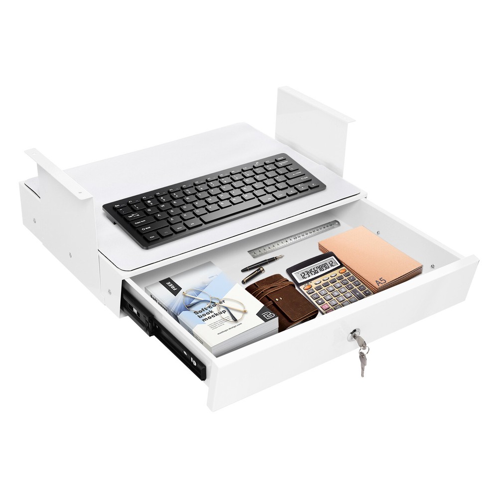 Under Desk Mounted Sliding Pull-out Storage Drawer With Computer Pad White USA