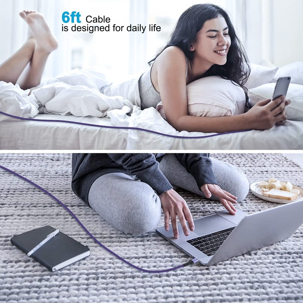 S23 USB Type C Cable Fast Charging Android 6ft C Cable, White+Purple+Blue