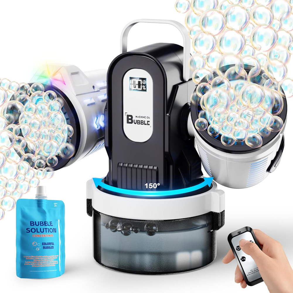 Dual-Engine Bubble Machine with RGB Lights & Remote Control, 150° Auto Rotation,