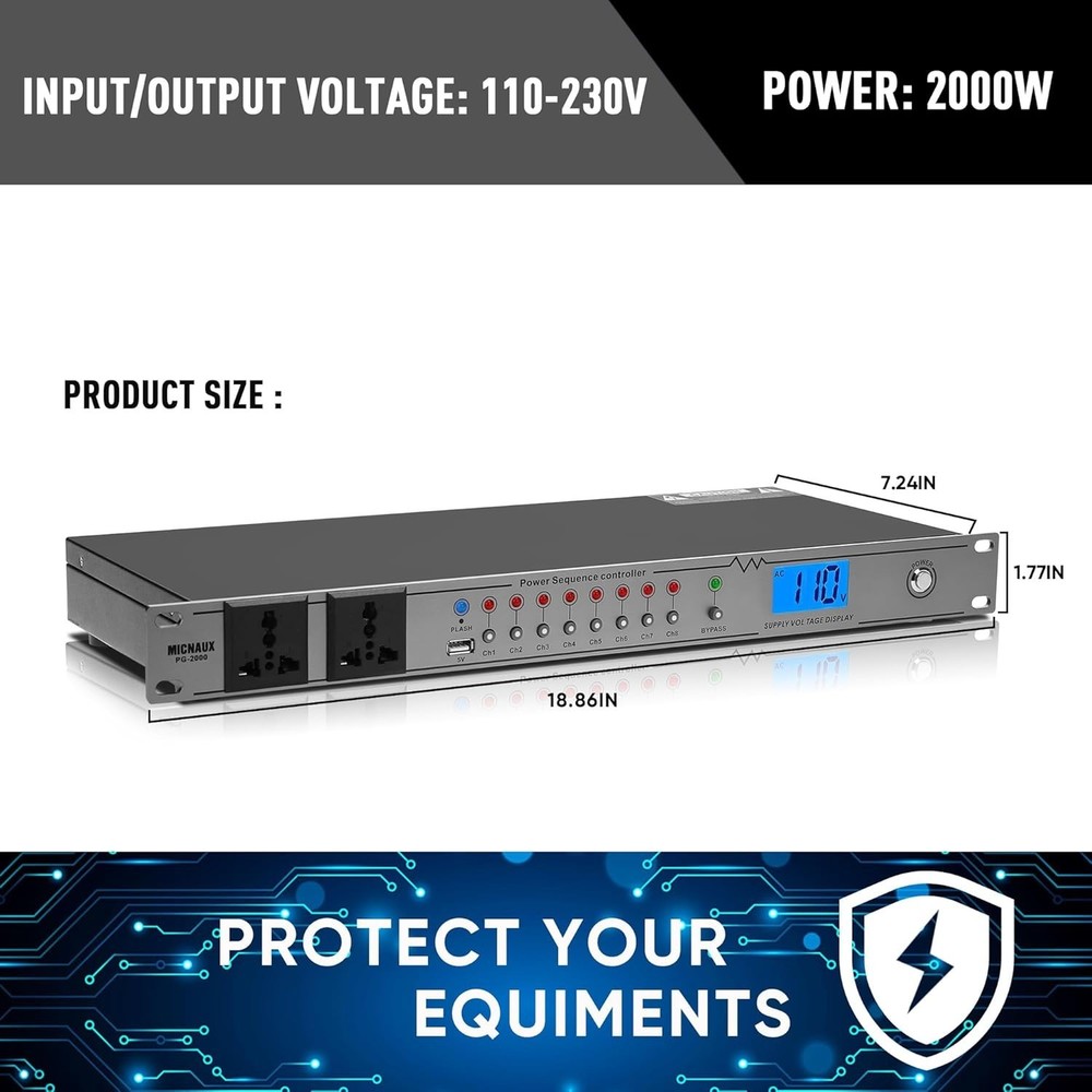 Rack Mount Sequencer Surge Protector 2000W 10 Outlets-