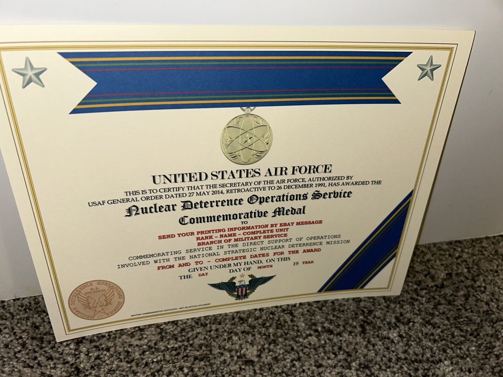 NUCLEAR DETERRENCE OPERATIONS MEDAL COMMEMORATIVE CERTIFICATE ~ W/PRINTING T-1