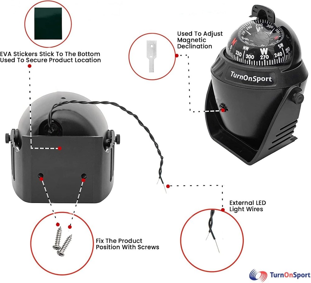 Compact Illuminated Boat Compass with Visible Lubber Line - Easy Installation