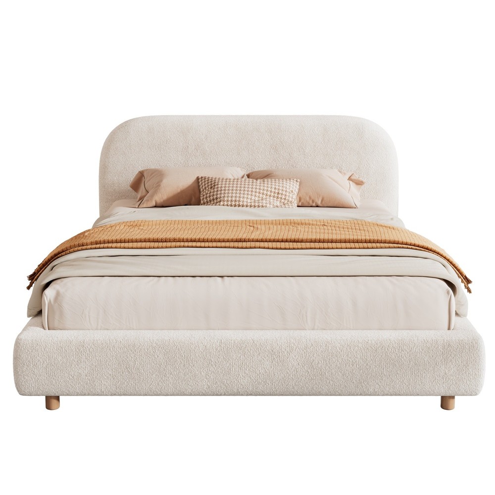 White Queen/King Size Upholstered Platform Bed with Headboard & Solid Wood Legs