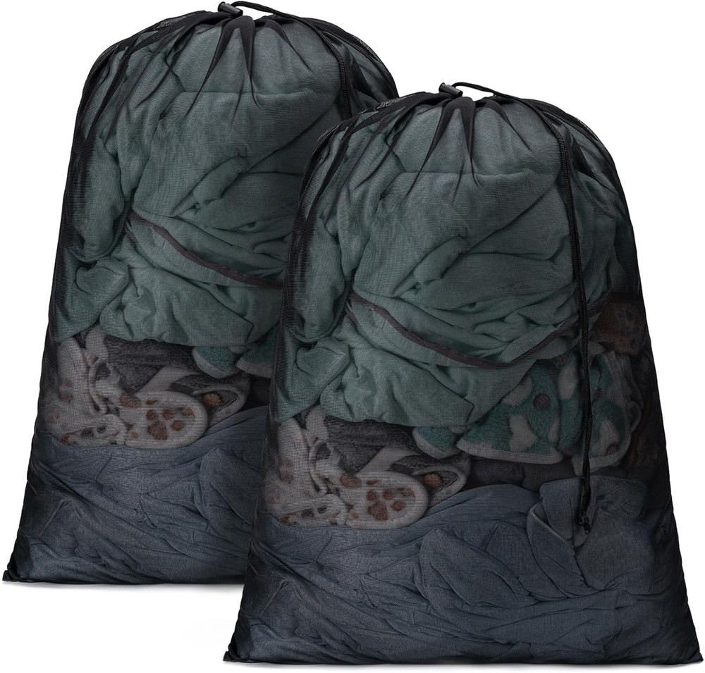 **2 Pack XL Mesh Laundry Bags Large Drawstring Machine Washable Organizer**