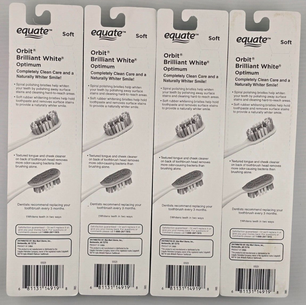 Equate Orbit Brilliant White Optimum Soft Bristle Toothbrush, 4 Pack