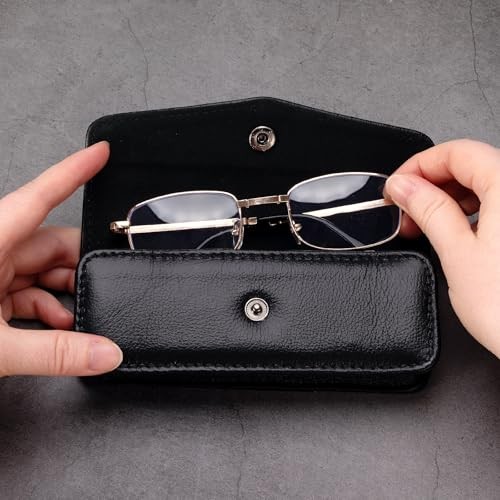 Small Folding Presbyopia Glasses Case, Cowhide Leather Folding Black (Medium)
