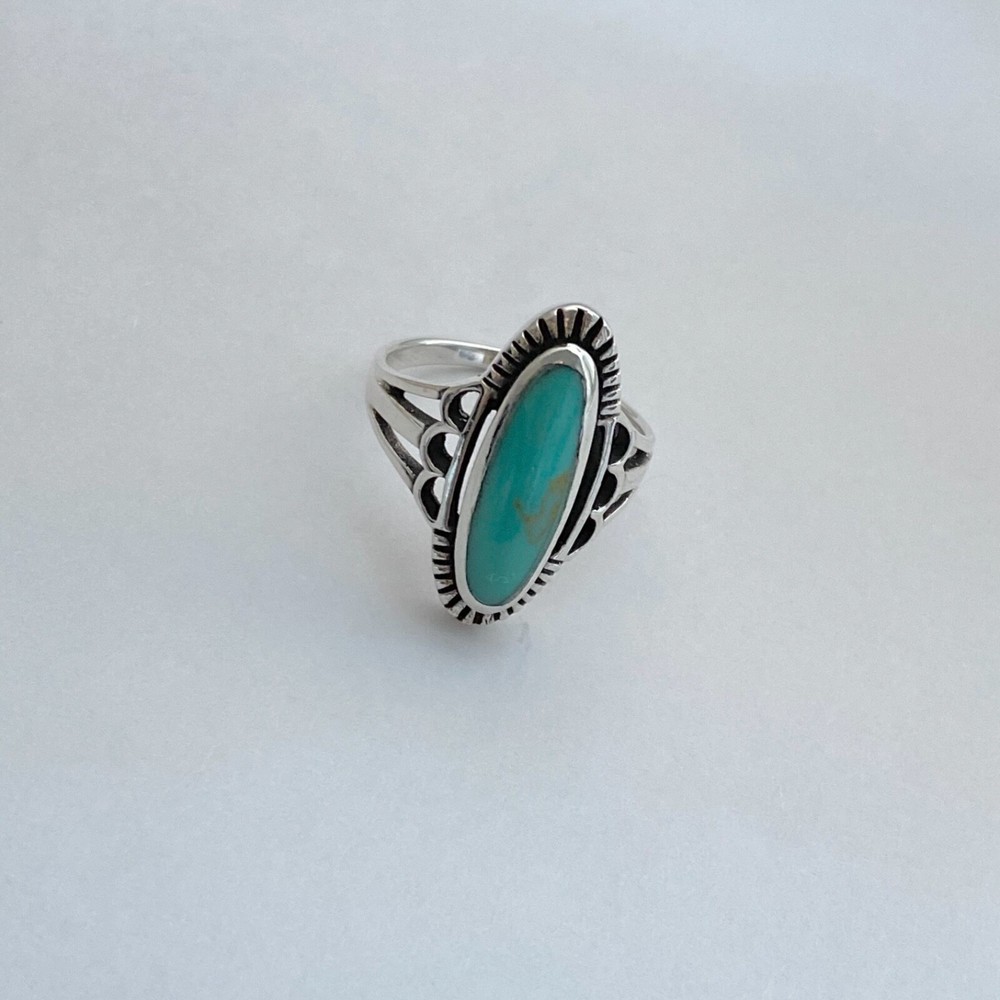 Sterling Silver Etched Oval Synthetic Turquoise Ring, Statement Stone Rings