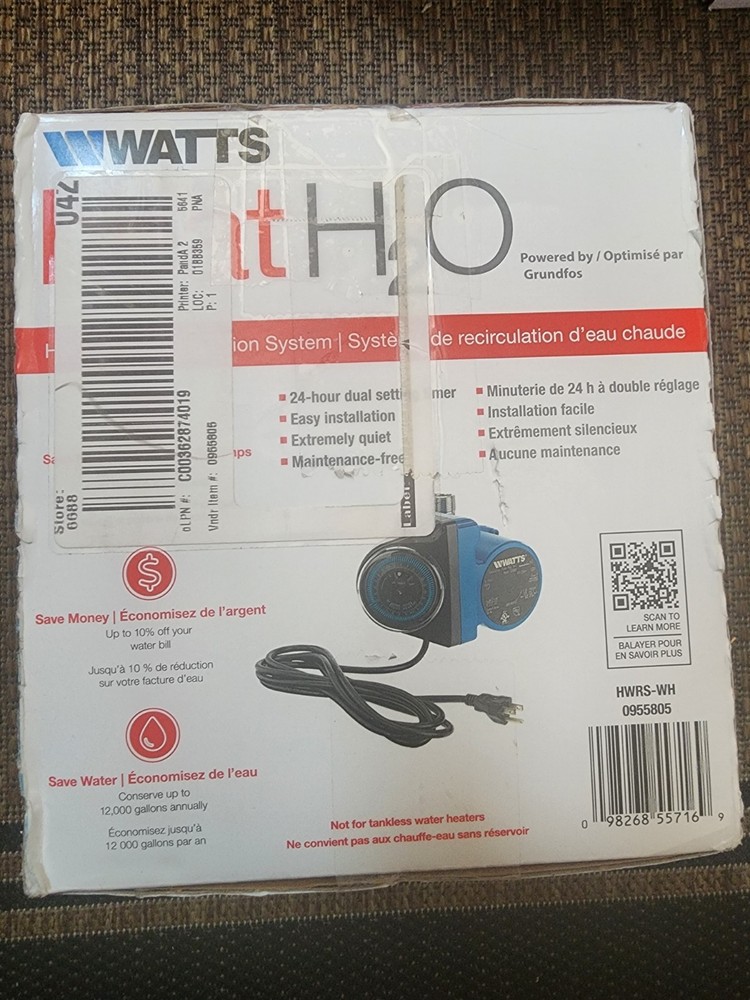 Watts Hot Water Recirculation System, Heat H2O, 24 Hr Programmable Timer