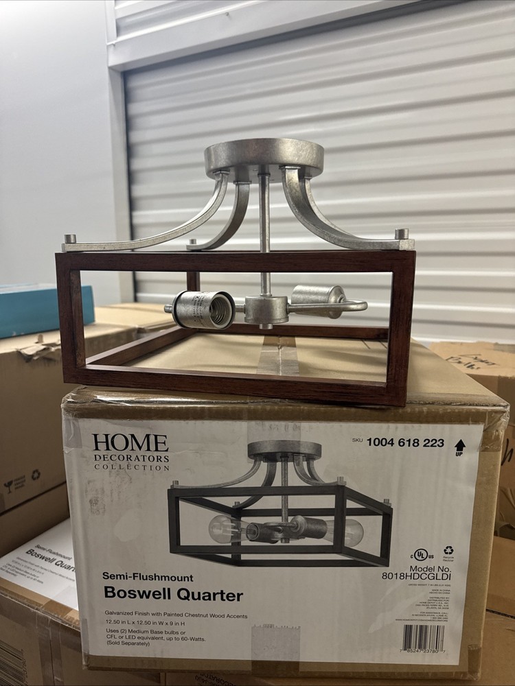 Semi Flushmount Light, Galvanized Finish, Painted Chestnut Accents